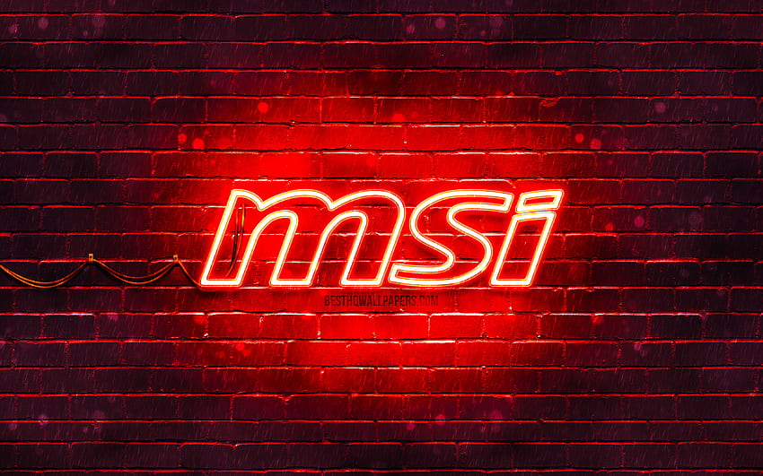MSI red logo, , red brickwall, MSI logo, brands, MSI neon logo, MSI HD wallpaper