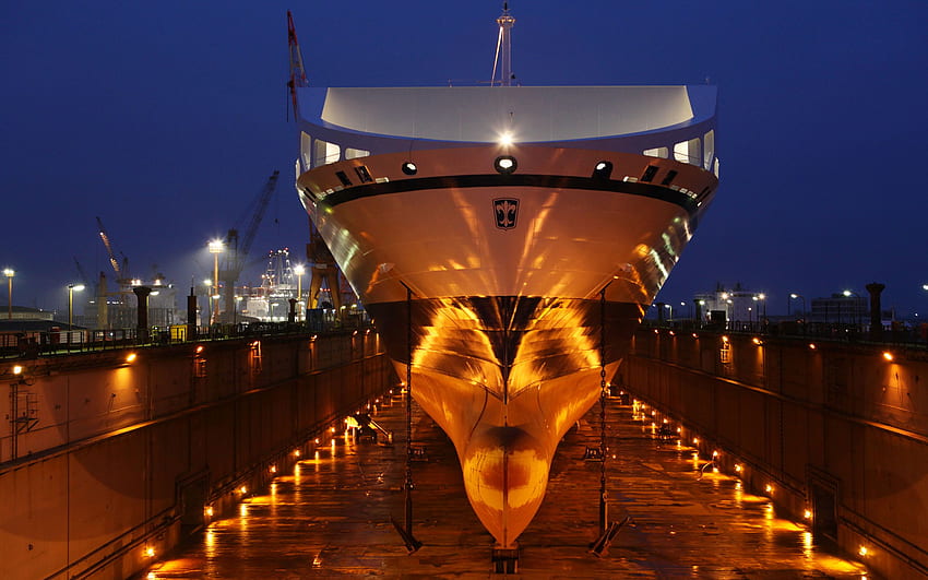 Bore sea port night ship vessel anchores dock lights dry, Maritime HD wallpaper
