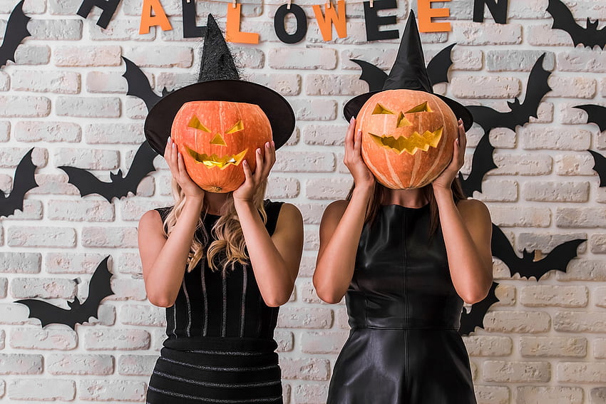 Selamat Halloween!, halloween, hitam, pasangan, labu, kartu, lucu, perempuan, oranye Wallpaper HD