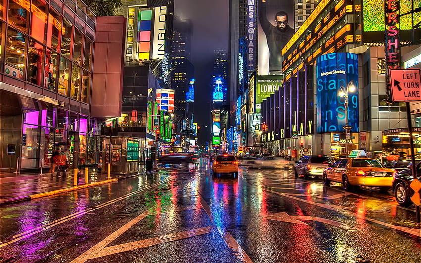 ニューヨーク r 通り タクシー 車 交通 建築 建物 歩道 人 群衆 嵐 雨滴 . ニューヨーク、ニューヨークタイムズスクエア、ニューヨーク市 高画質の壁紙