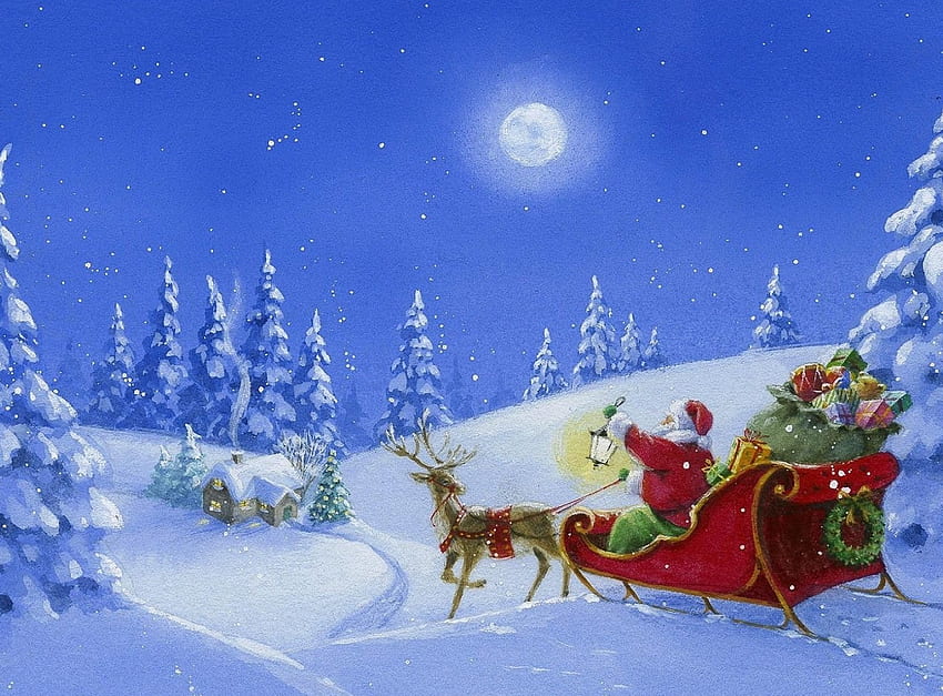 Durdurma, kızak, ren geyiği, ay, kar, ev, Noel Baba HD duvar kağıdı