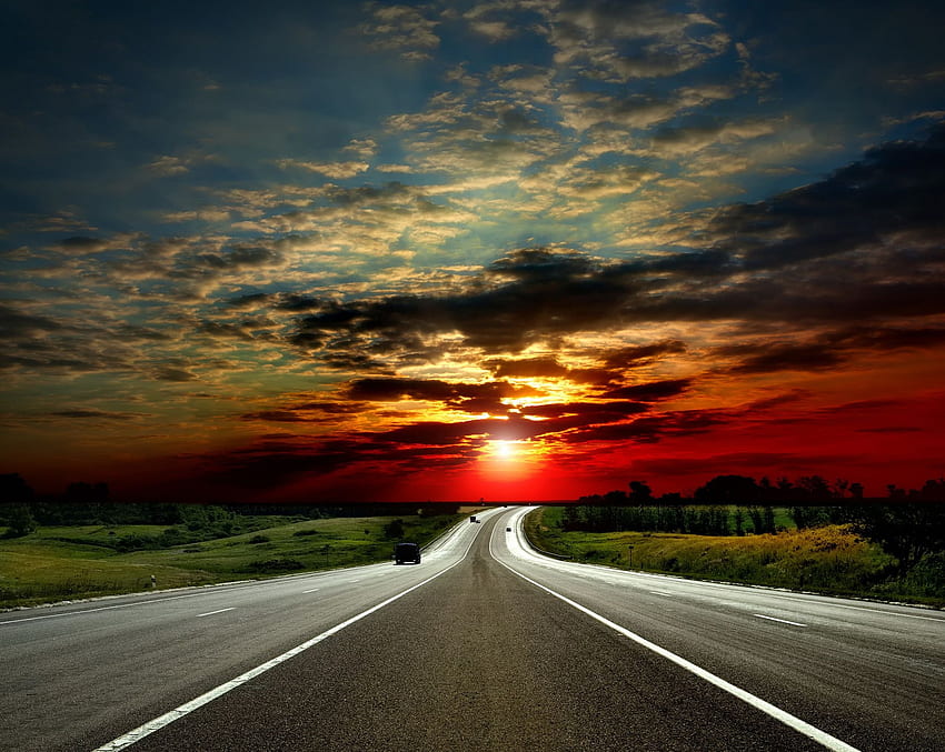 Sunset Road, Landschaft, Wolken, Farben, Himmel, Sonne HD-Hintergrundbild