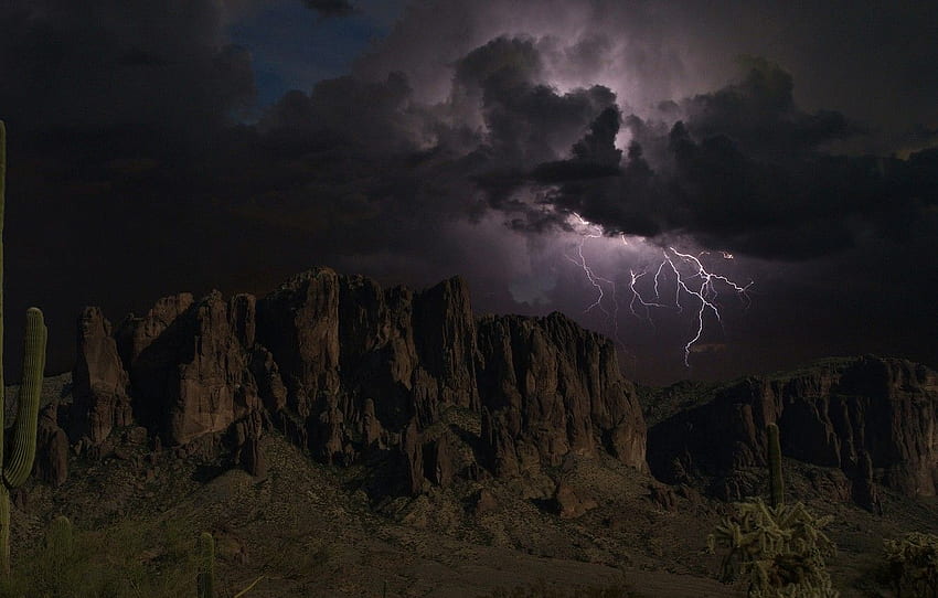 the storm, the sky, clouds, mountains, clouds, rocks, lightning, silhouettes, Arizona for , section природа, Superstition Mountains HD wallpaper
