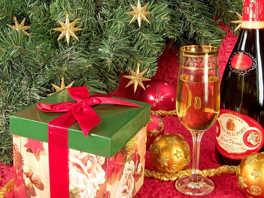 Holidays, New Year, Christmas, Box, Present, Gift, Champagne HD wallpaper