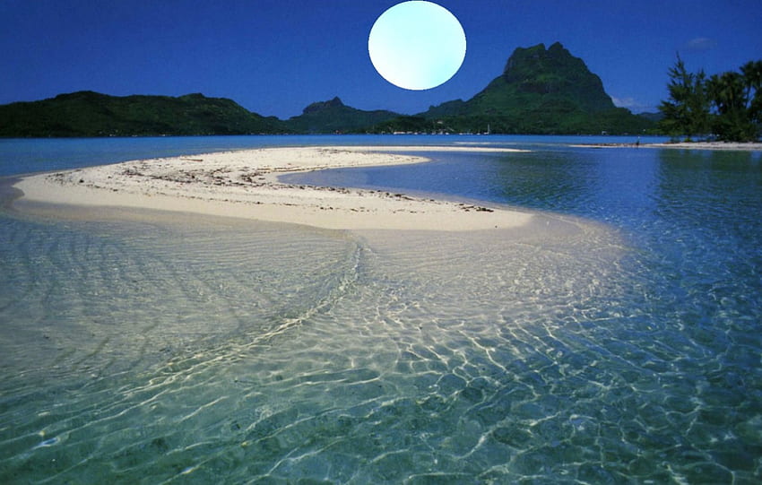 Blue Moon Beach, moon over ocean, blue moon, moon over beach HD wallpaper