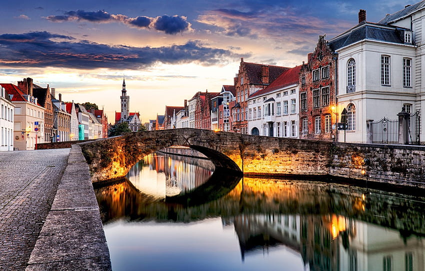 the city, river, the evening, Belgium, street, Belgium, Bruges, Bruges for , section город, Bruges Belgium HD wallpaper
