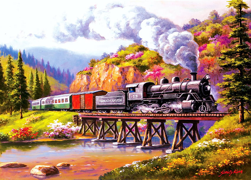 Grand Canyon Express, outono, árvores, ponte, trem, locomotiva, vapor, montanhas, rio, obra de arte, pintura papel de parede HD