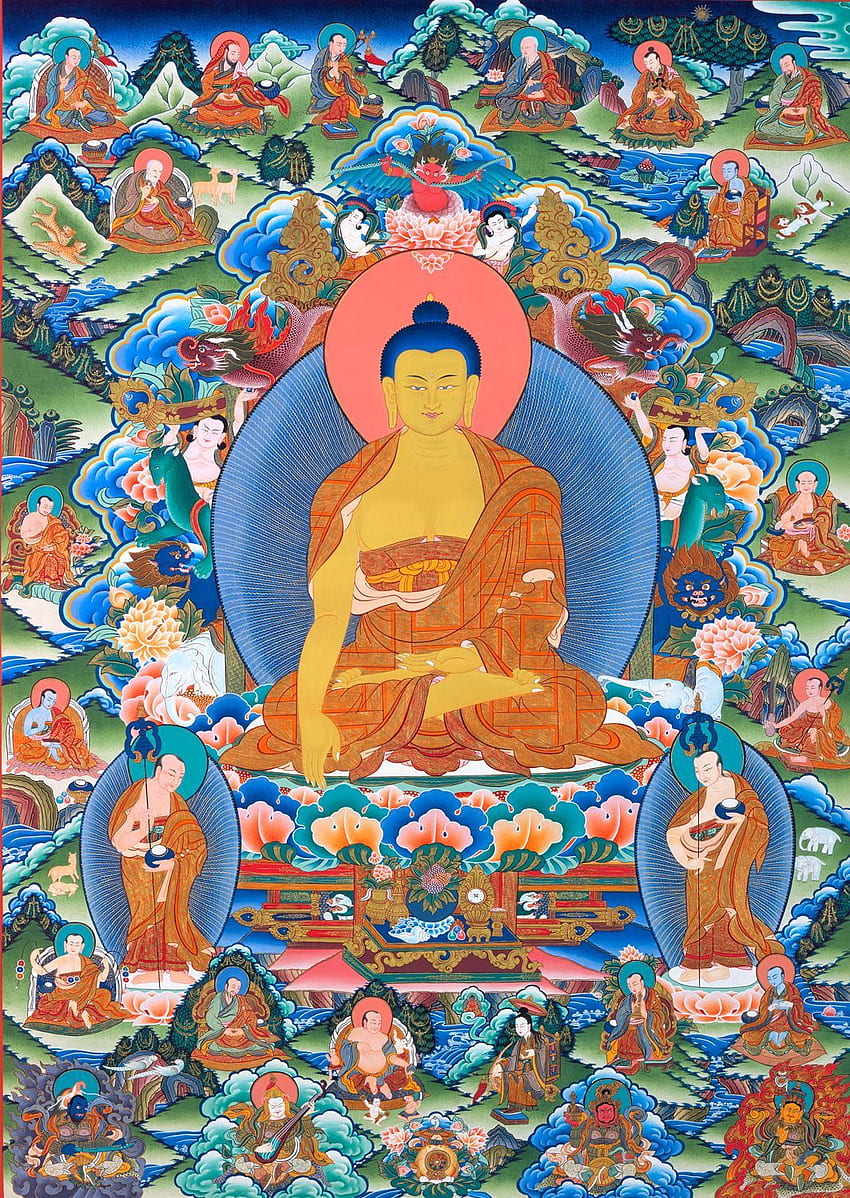 Buddha . Buddha Shakyamuni mit den sechs Ornamenten und dem zweihöchsten Buddha. Buddhismus, buddhistische Kunst, Buddha, Tibet Art HD-Handy-Hintergrundbild