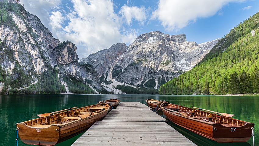 Lake Braies, South Tyrol, Italy, alps, mountains, boats, landscape, clouds, pier, sky HD wallpaper
