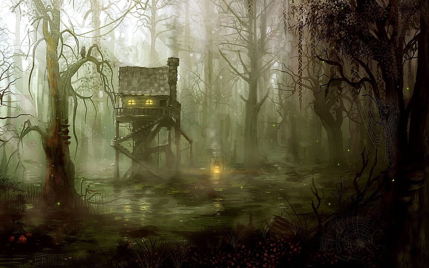 Arte de fantasía dibujo artístico pintura oscura escalofriante arquitectura edificios casas pantano selva bosque árboles fuego llamas fondo de pantalla