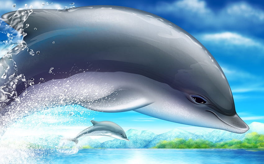 dolphins playing in the water, sea, dolphins, art HD wallpaper