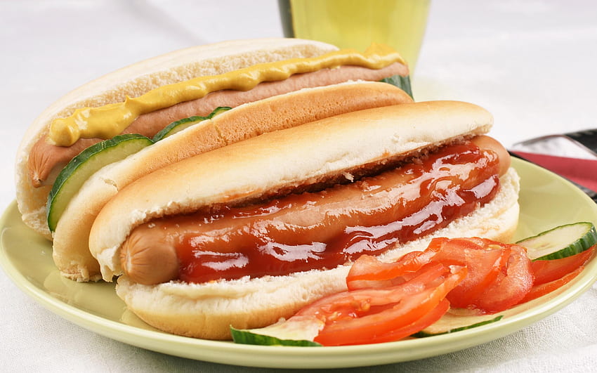 hot dogs, mustard, plate, bun, dogs, hot, tomato, sauce, sausage HD wallpaper