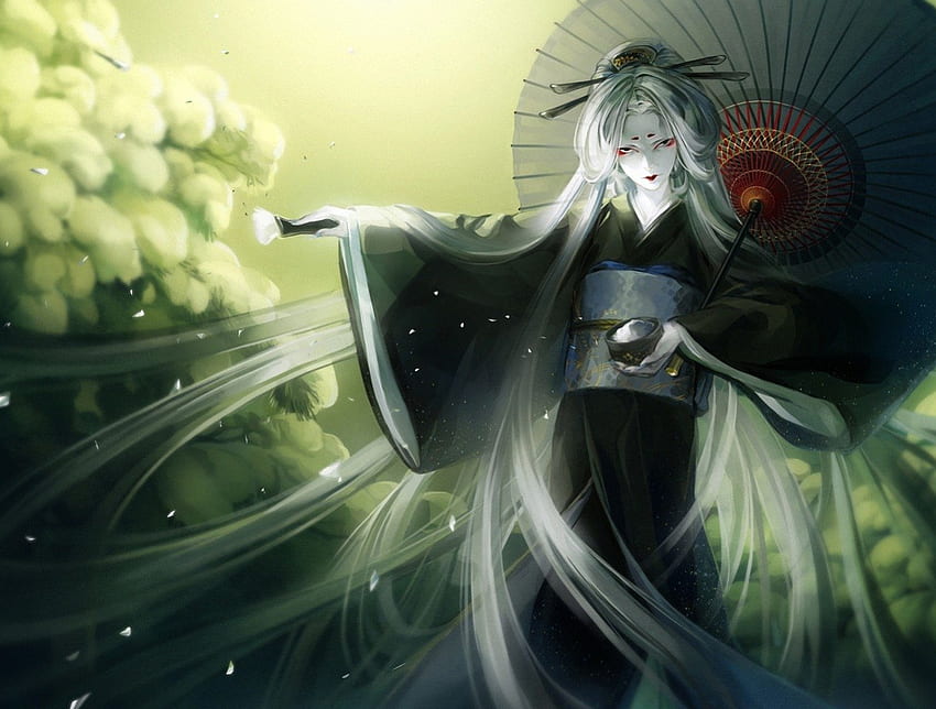 geisha noire, parapluie, kimono, anime, fille, manga Fond d'écran HD