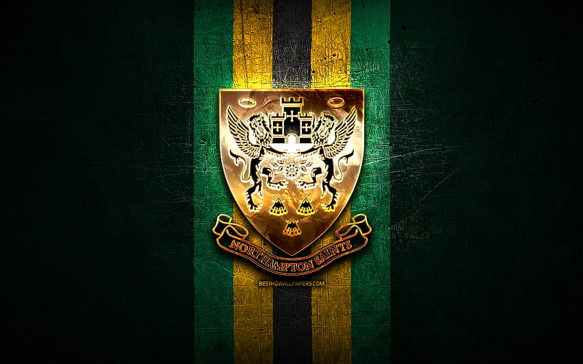 ノーザンプトン・セインツ、金色のロゴ、プレミアシップ・ラグビー、緑の金属の背景、英国のラグビー・クラブ、ノーサンプトン・セインツのロゴ、ラグビー 高画質の壁紙