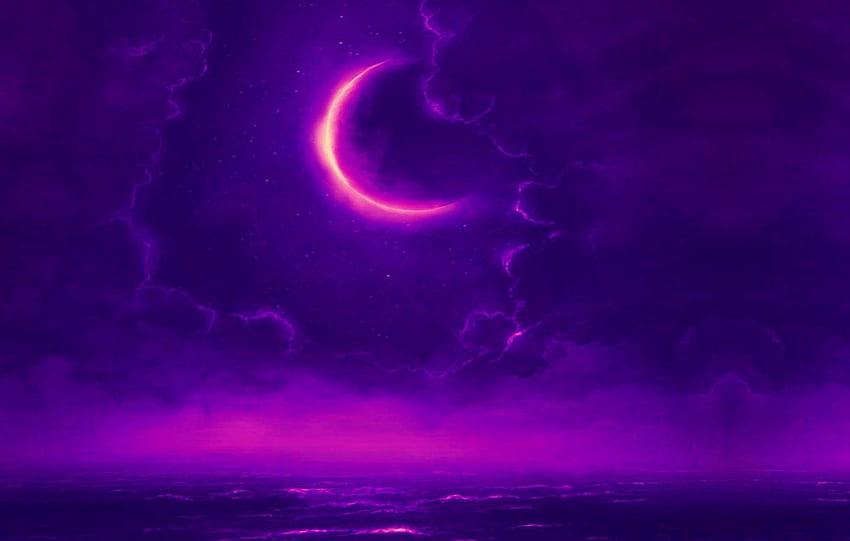 Eclipse, bleu, mer, violet, rose, vagues, lune, fantaisie, vue, luna, ciel, eau, océan, nuage Fond d'écran HD