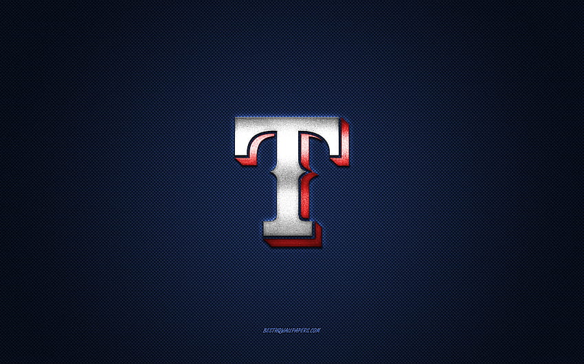 สัญลักษณ์ Texas Rangers, สโมสรเบสบอลอเมริกัน, โลโก้สีแดง, พื้นหลังคาร์บอนไฟเบอร์สีน้ำเงิน, MLB, Texas Rangers Insignia, เบสบอล, Texas, USA, Texas Rangers วอลล์เปเปอร์ HD