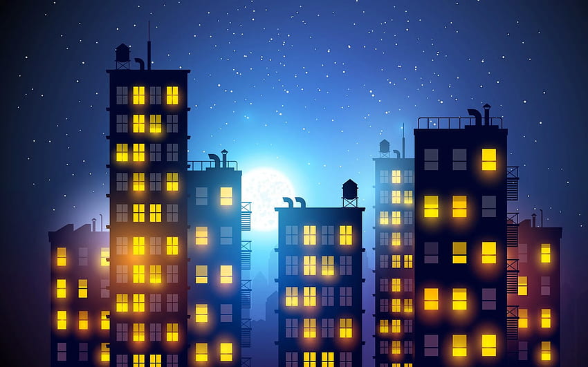 都市, 光, 夜, 図面, ロマンス, アートワーク, 建物, ベクトル, ライト, 星, 空, ボケ味/およびモバイルの背景, 建物の図面 高画質の壁紙