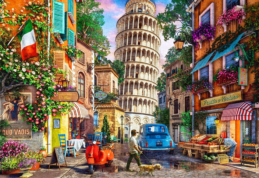 Pisa, Italy, artwork, digital, city, tower, cars, people, houses, flag HD wallpaper