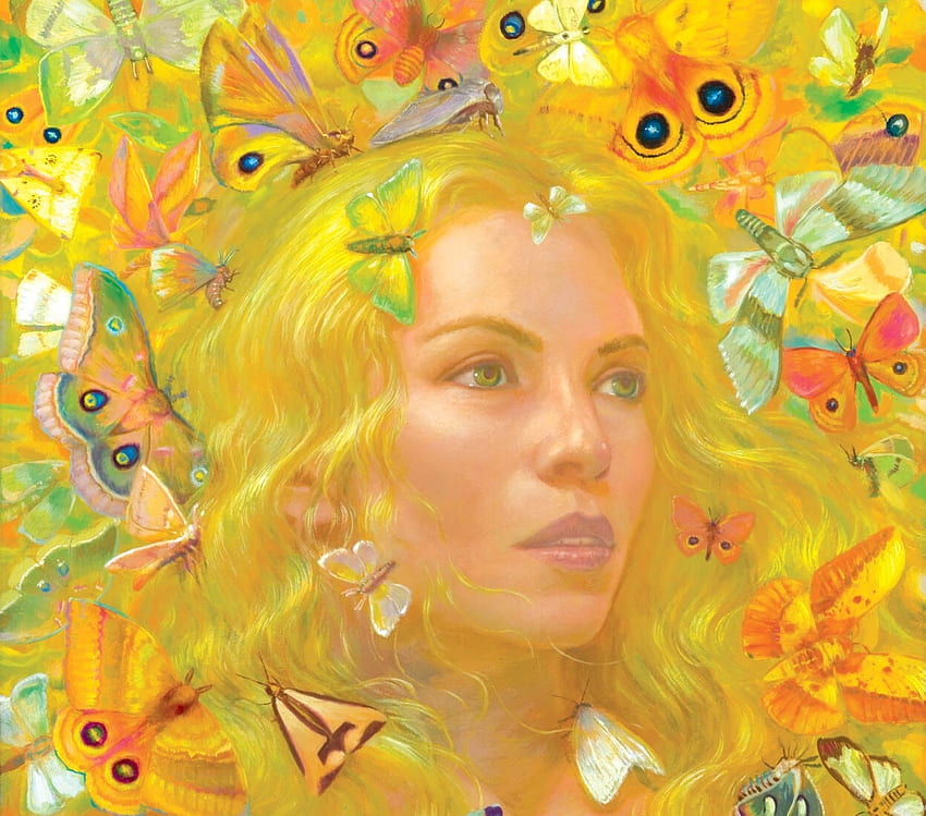 Luna moth, fantasy, butterfly, art, portrait, donato giancola, yellow, face, goddess HD wallpaper