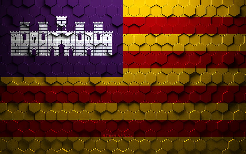 Flag of Balearic Islands, honeycomb art, Balearic Islands hexagons flag, Balearic Islands, 3d hexagons art, Balearic Islands flag HD wallpaper