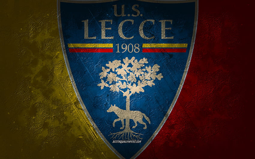 US レッチェ、イタリアのサッカー チーム、黄赤の背景、US レッチェのロゴ、グランジ アート、セリエ A、レッチェ、サッカー、イタリア、US レッチェのエンブレム 高画質の壁紙