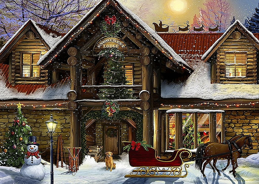 The lodge, night, winter, color, house, hotel, beautiful, peaceful, horses, moon, lodge, christmas, lovely HD wallpaper