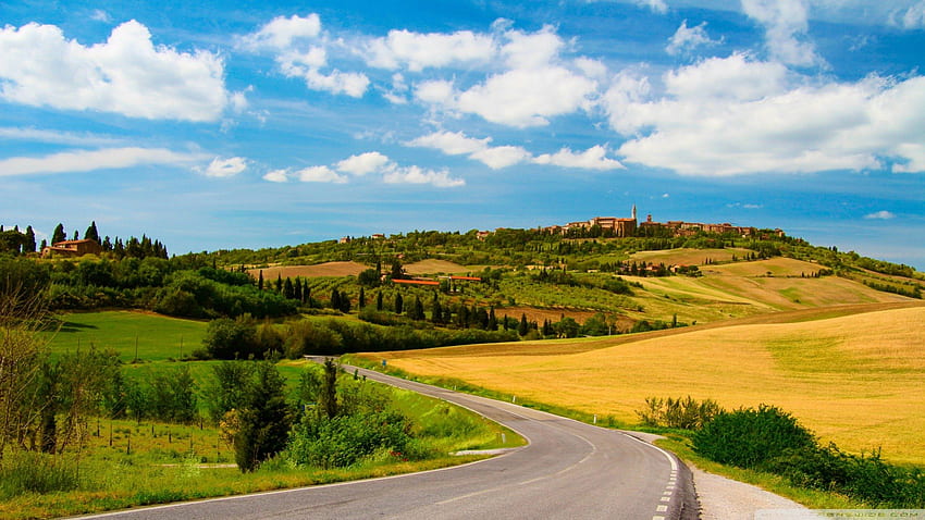 country road in tuscany, fields, road, hills, village HD wallpaper