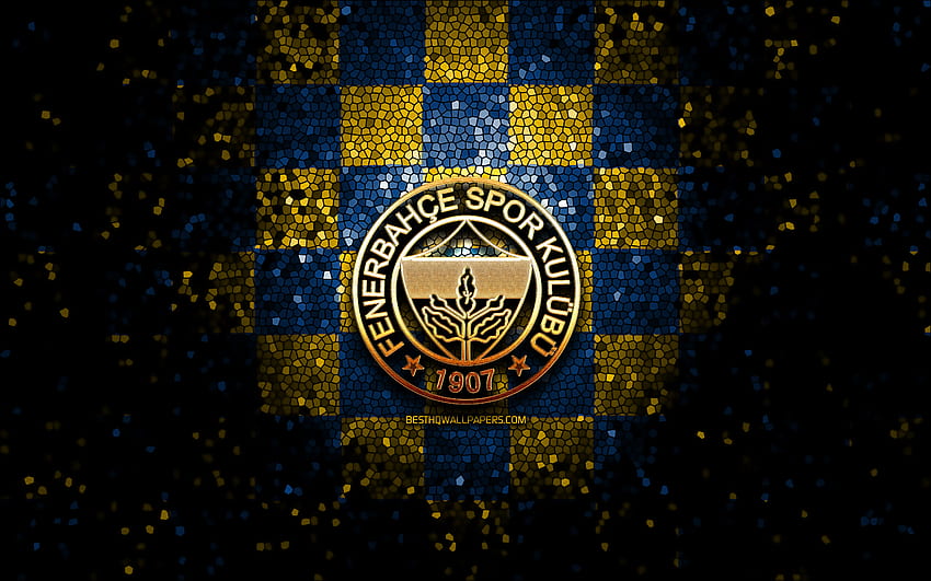 Fenerbahçe Basketbol, ​​glitter logo, Basketbol Süper Ligi, mavi, sarı damalı arka plan, basketbol, ​​Türk basketbol takımı, Fenerbahçe Basketbol logosu, mozaik sanatı, Türkiye, Fenerbahçe SK HD duvar kağıdı