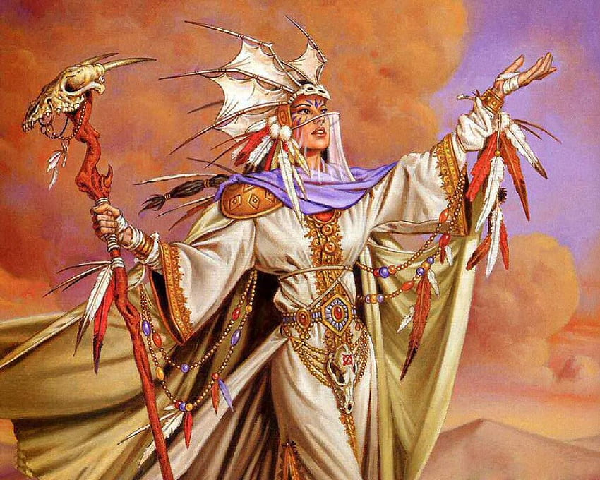 High Priestess, staff, feathers, skull, desert, woman HD wallpaper