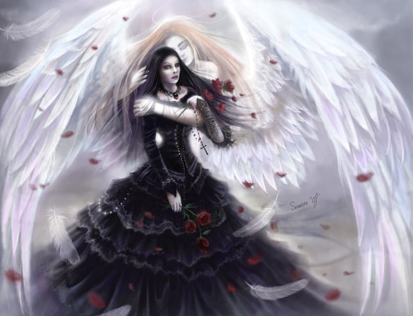Heaven s Ice, gothique, ailes, blanc, noir, roses, goth, fille, beau, ange, femme, fleurs Fond d'écran HD