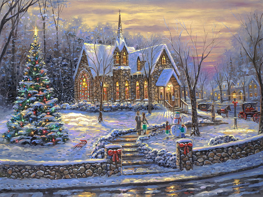 Church Bells of Christmas, winter, artwork, painting, snow, wall, sky, tree HD wallpaper