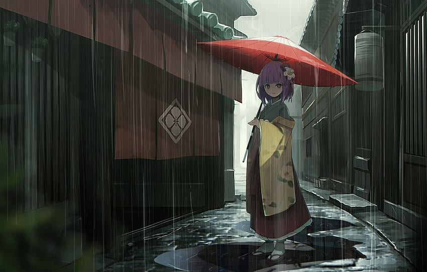 비, 집, 우산, 소녀, 웅덩이, 기모노, 일본 레인 스트리트 HD 월페이퍼