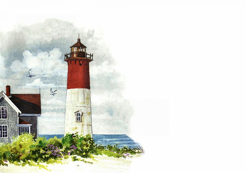 Red and White Lighthouse 2, opera d'arte, faro, scenario, schermo panoramico, pittura, arte, paesaggio, paesaggio marino Sfondo HD