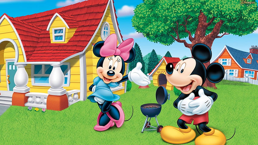 Disney Mickey Mouse y Minnie Casa de madera Parrilla Dibujos animados, Minnie Mouse modelo 3d fondo de pantalla