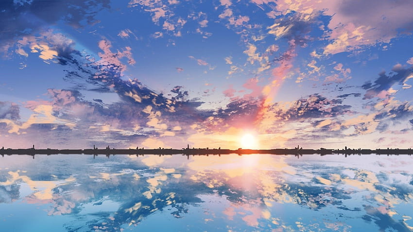 Anime Scenic, Clouds, Sunset, Reflection, Dual Monitor for HD wallpaper