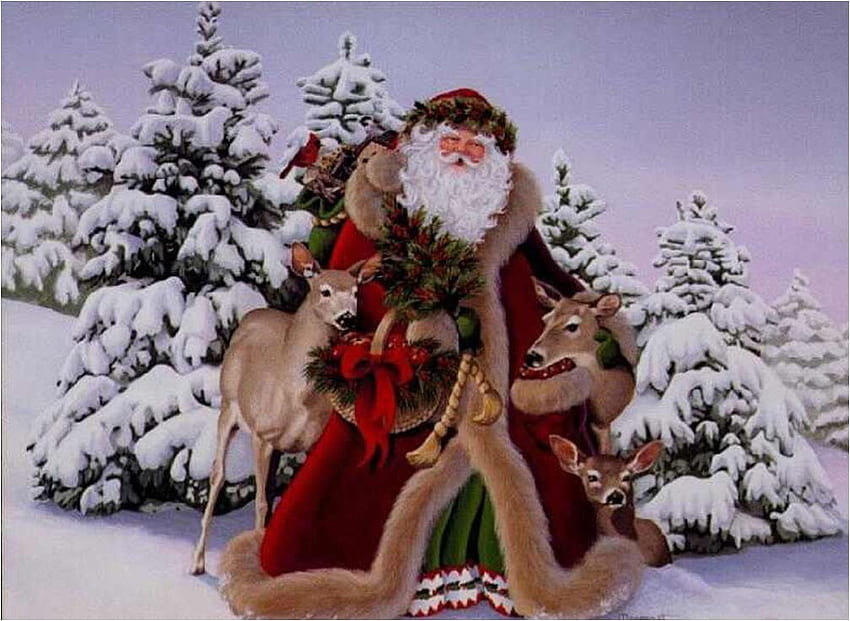 Papá Noel, invierno, nieve, navidad, naturaleza, árbol. fondo de pantalla