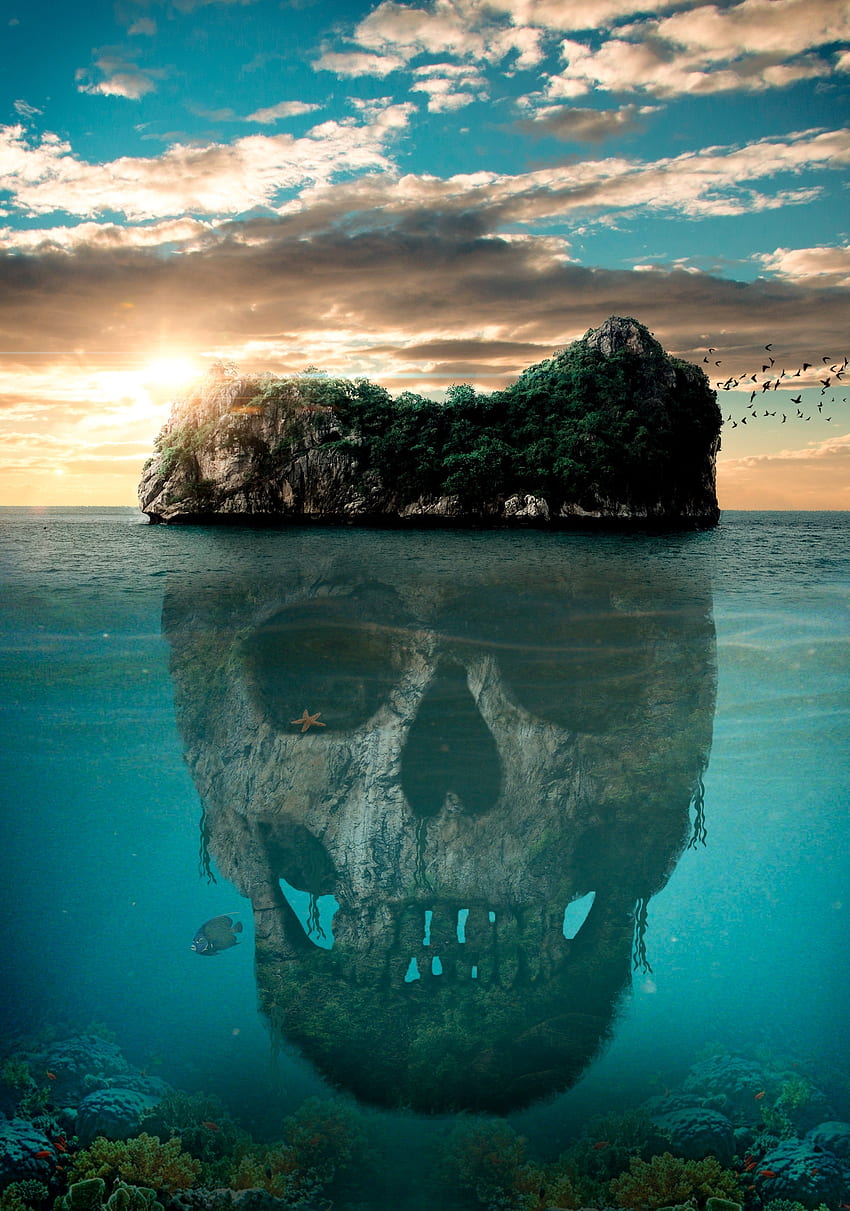 ファンタジー, 海, 島, 神秘的な, 頭蓋骨, 神秘的な, 神秘的な HD電話の壁紙