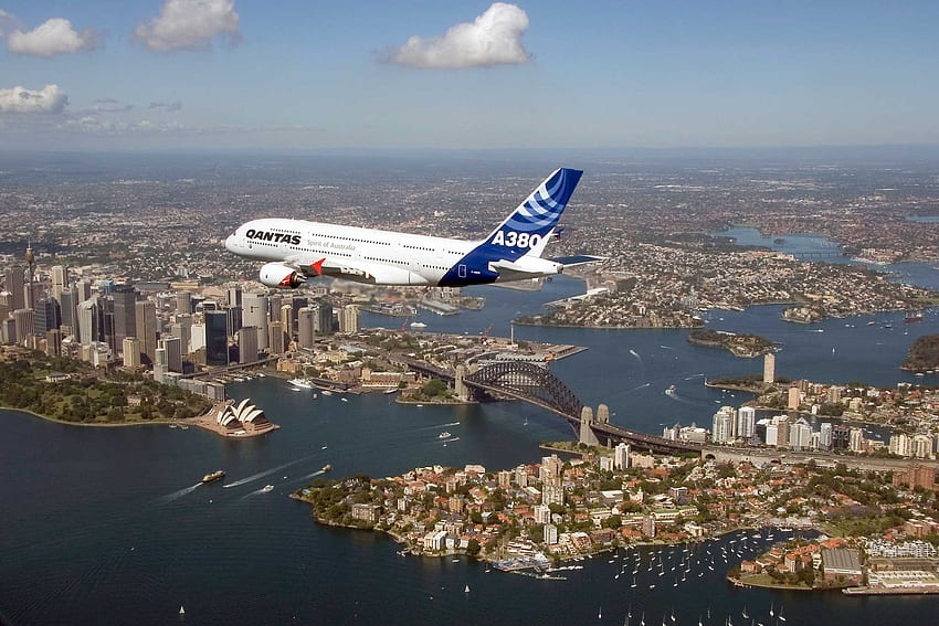 qantas airbus a380, aerobús, puerto, sydney, puente, quantas fondo de pantalla