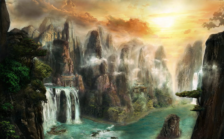 Fantasía, Naturaleza, Rocas, Cascada, Niebla fondo de pantalla
