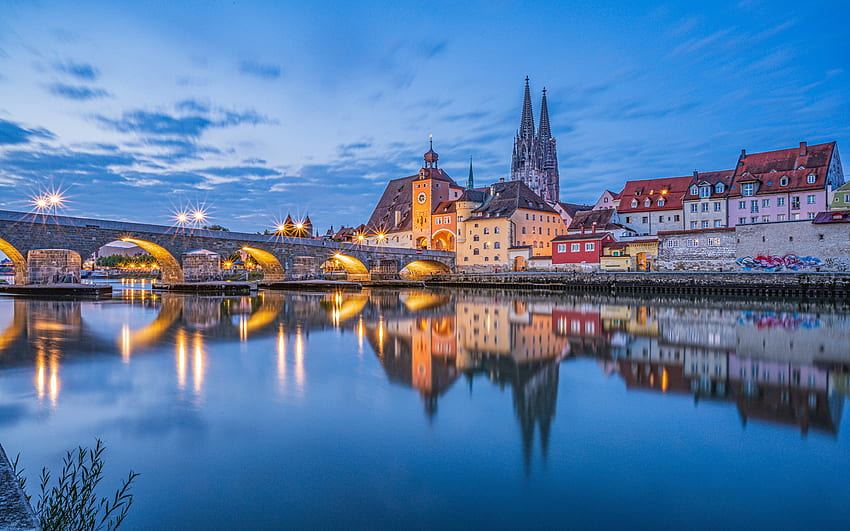 Regensburg, Niemcy, most, stare miasto, Niemcy, Regensburg, rzeka Tapeta HD