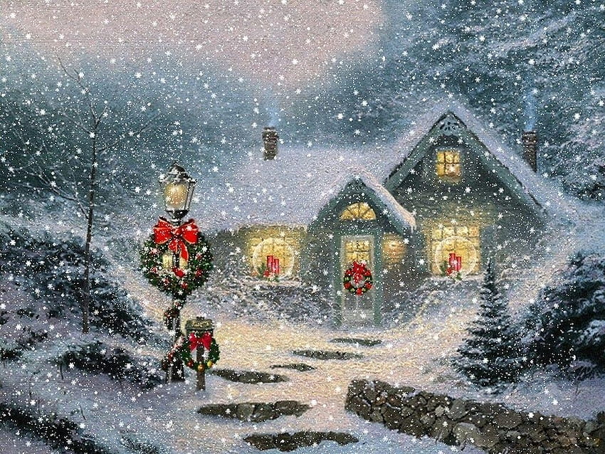 :-), painting, snow, christmas, house, garland HD wallpaper