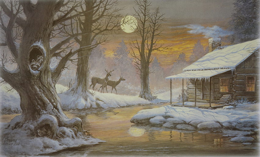 아름다운 겨울 오두막, 밤, 겨울, 크리스마스 정신, 평화로운, 아름다운, 집 밖의, 들판, 전망, 사슴, 자연, 시골집, 놀랄 만한, 아름다운, 일몰, 흐름 HD 월페이퍼