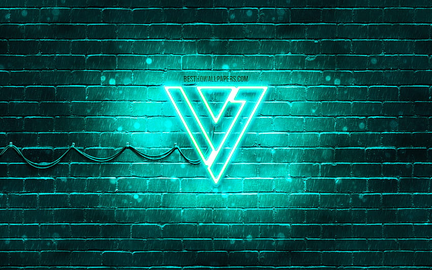Seventeen turquoise logo, , K-pop, music stars, turquoise brickwall, Seventeen logo, brands, K-Pop Boy Band, Seventeen neon logo, Seventeen HD wallpaper