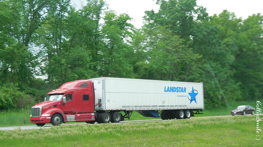 Landstar Semi Truck, red cab, way, semi truck, Landstar, 大型トラック, トラック, 木, 道路, 輸送, 大型トラック, トラック 高画質の壁紙