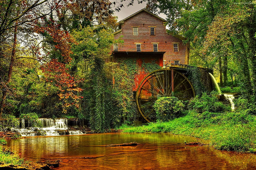 Old forest mill, river, peaceful, serenity, nice, quiet, reflection, trees, water, calm, mill, beautiful, water mill, old, nature, lovely, forest, stream HD wallpaper
