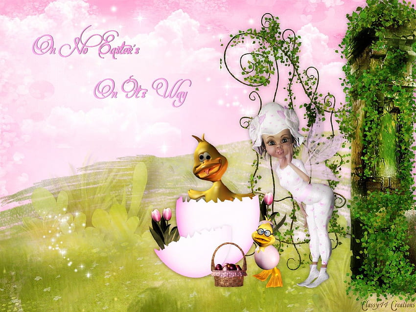 Oh No Easters On Its Way, duck, chicks, spring, bunny, pink, holiday, green, easter, rabbit HD wallpaper