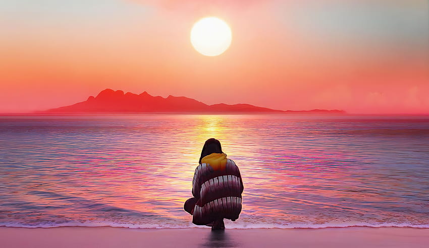 Watching, the sunset on beach, artwork HD wallpaper