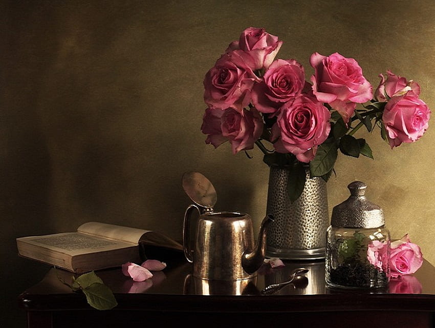 Strength in beauty, open, roses, vase, beautiful, pink, book, strength, canister, petals, flowers, steel HD wallpaper