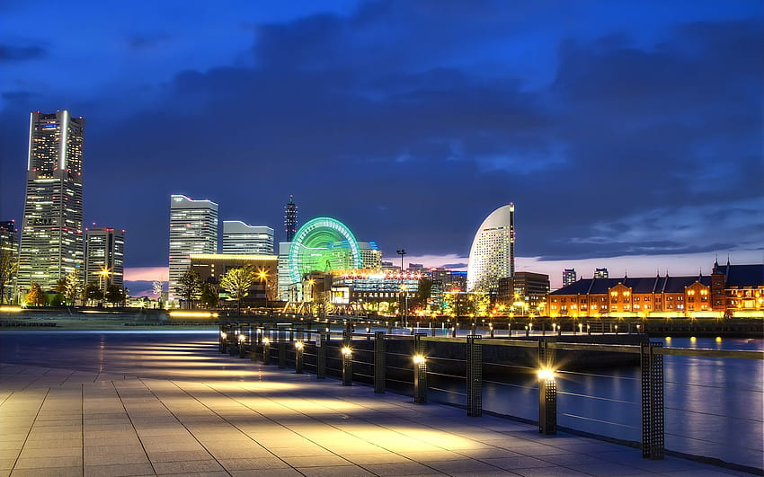 Йокохама, залив, Япония, пристанище, светлини, нощ, кей Сити, Йокохама през нощта HD тапет