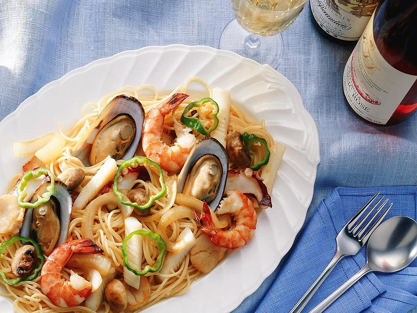 pasta, seafood, wine : : High HD wallpaper